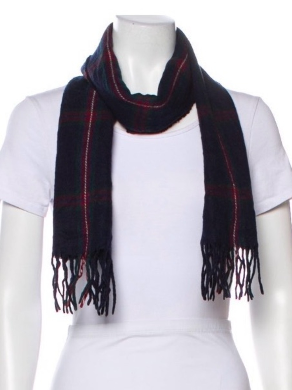 Burberry Lambswool Navy Scarf with Red & Green Stripes - Picture 3 of 6